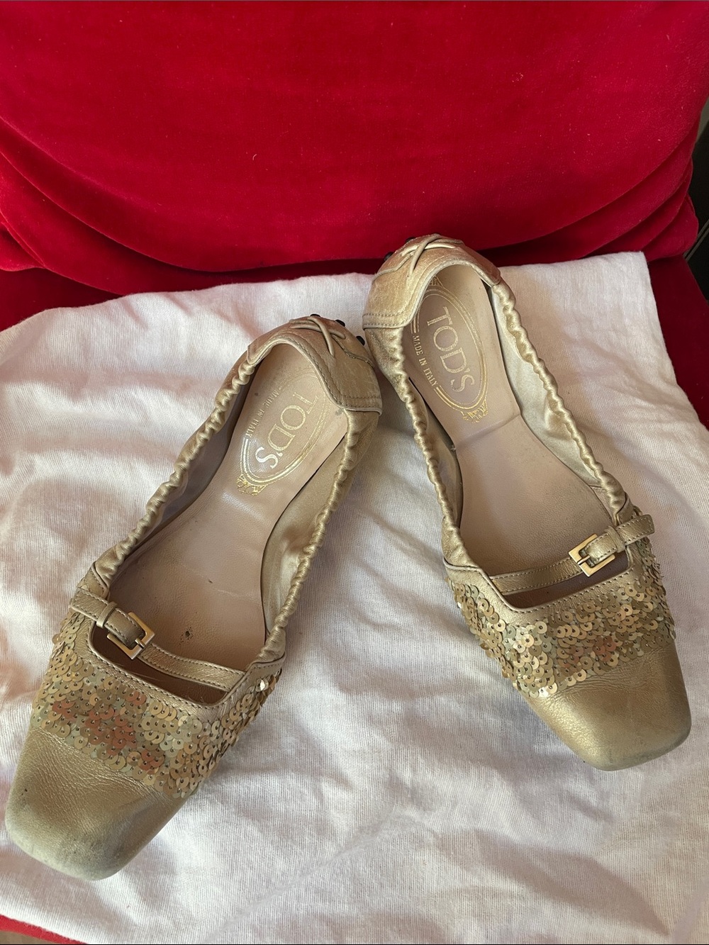TOD'S Gold Sequin Leather Ballet Flats with Buckle Trim